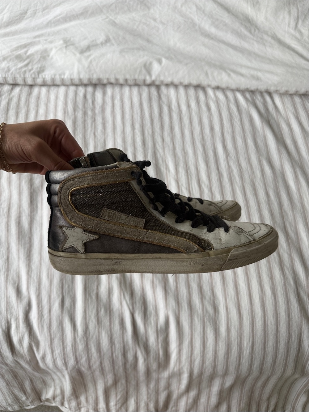 Golden Goose Slide High-Top Sneakers with Gold/Bronze detail